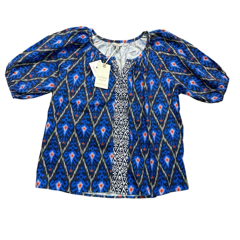 Hester&Orchard Top Blouse Linen Rayon Womens Sz Small Oversized Blue Black White